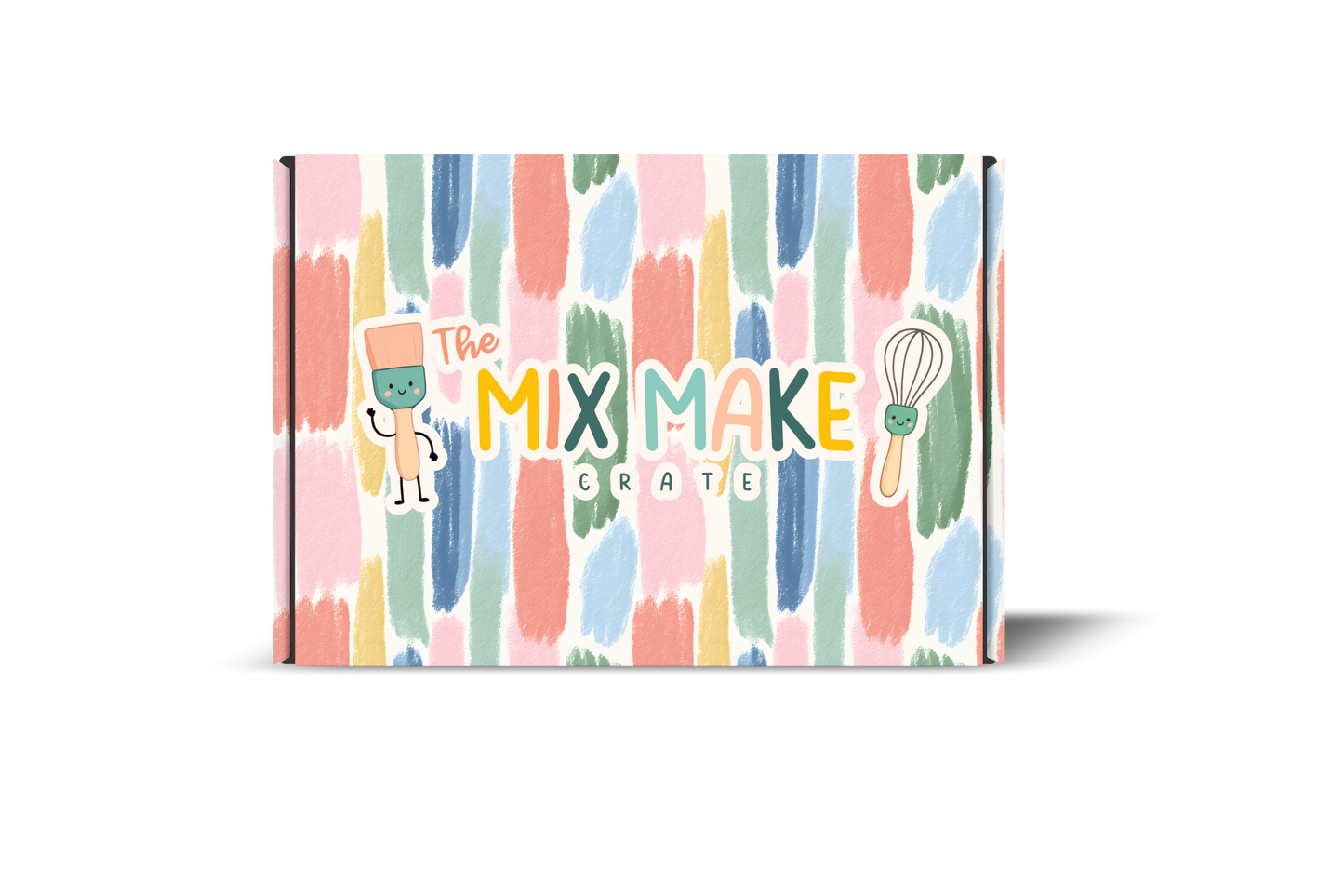 A rectangular product box for 'The Mix Make Crate' featuring a colorful pastel vertical brushstroke pattern in pink, blue, green, yellow, and orange on a white background, with a cartoon character and whisk illustration on the front.