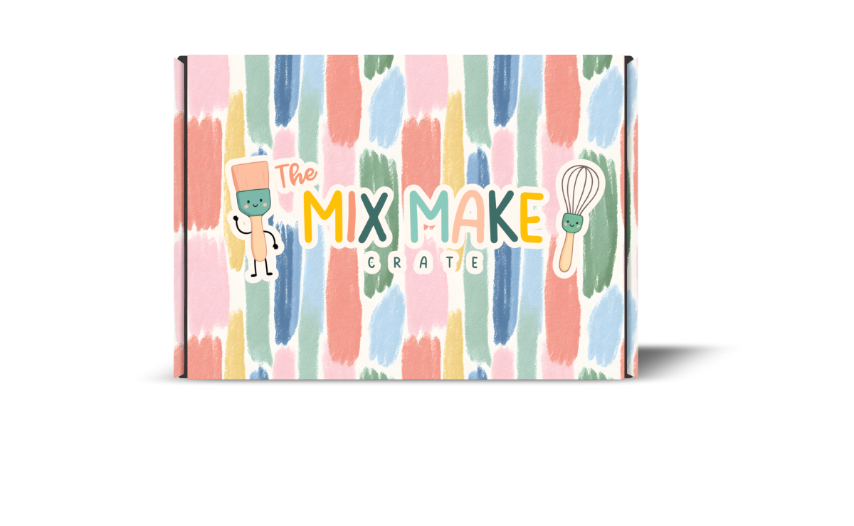 A rectangular product box for 'The Mix Make Crate' featuring a colorful pastel vertical brushstroke pattern in pink, blue, green, yellow, and orange on a white background, with a cartoon character and whisk illustration on the front.