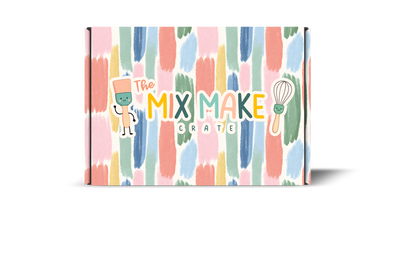 A rectangular product box for 'The Mix Make Crate' featuring a colorful pastel vertical brushstroke pattern in pink, blue, green, yellow, and orange on a white background, with a cartoon character and whisk illustration on the front.